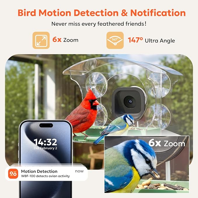 owltron Smart Window Bird Feeder with Camera, 2K 3MP HD, AI Identifies 10,000+ Species, 2.4/5GHz WiFi, 24/7 Live View, 147° Wide Angle, Suction Cup Mount – Gift for Bird Lovers, Elderly, Kids