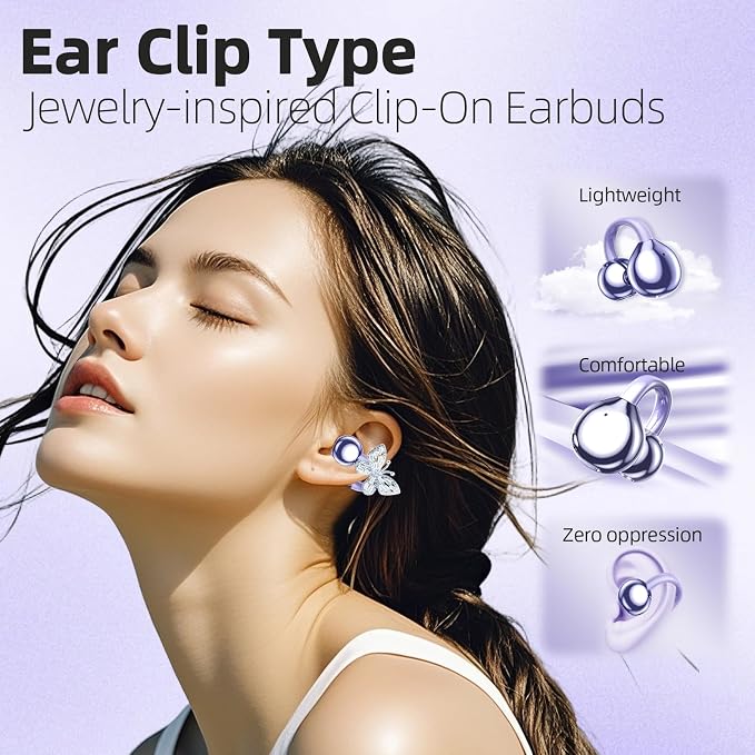 Jewelry-Inspired Clip On Earbuds,Comfortable Fit Open Ear Clip-On Headphones,Wireless Bluetooth Ear Cuff Headphones for Women,Earrings Earbuds for Running,Office,Sport&Gift (Butterfly - Purple)