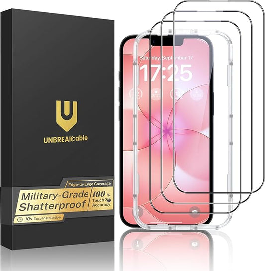 UNBREAKcable for iPhone 17e Screen Protector, 3-Pack Shatterproof Tempered Glass [Easy Installation Frame] [99.99% HD Clear] [9H Hardness] [Case Friendly] [Bubble Free] for Apple iPhone 17e 6.1 inch
