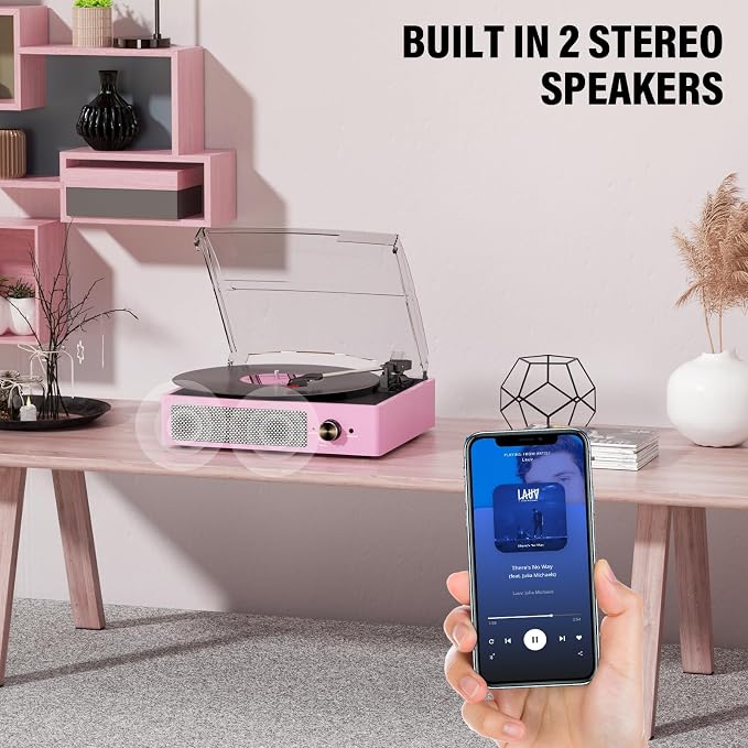 Vinyl Record Player with 2 Stereo Speakers Belt-Driven Vintage Turntables 3 Speed 3 Size Wireless Bluetooth Playback AUX-in RCA Out Headphone LP Vinyl Players Auto Stop Pale Pink
