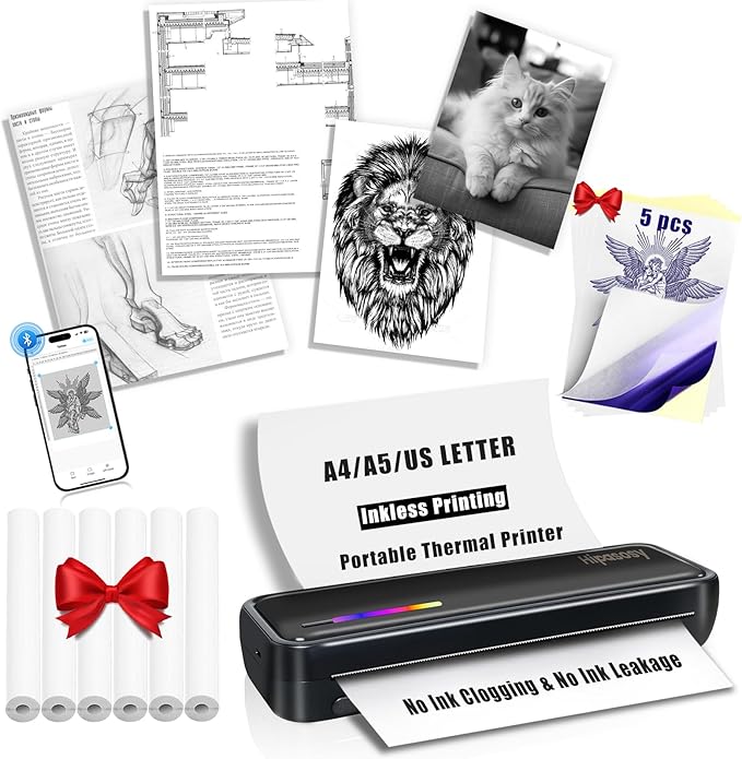 Portable Wireless Thermal Printer for Home & Travel - Mini Bluetooth Inkless Printer Compatible with 8.5"x11" US Letter & A4 Size- Works with iOS, Android & Laptops - Ideal for Tattoos, Office(Black)
