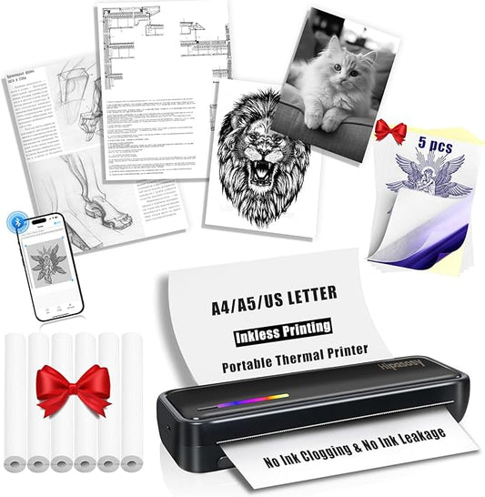 Portable Wireless Thermal Printer for Home & Travel - Mini Bluetooth Inkless Printer Compatible with 8.5"x11" US Letter & A4 Size- Works with iOS, Android & Laptops - Ideal for Tattoos, Office(Black)