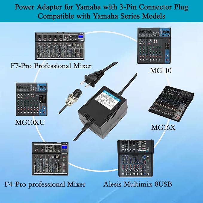 AC17VX2 1500mA Power Adapter for Yamaha with 3-Pin Connector Plug | Compatible with Yamaha F4/F7/6FX/MG82X/MG10U/MG10xuf/MG16/MX1804X and Other 10-Channel Above Mixing Console，Pedalboard Power