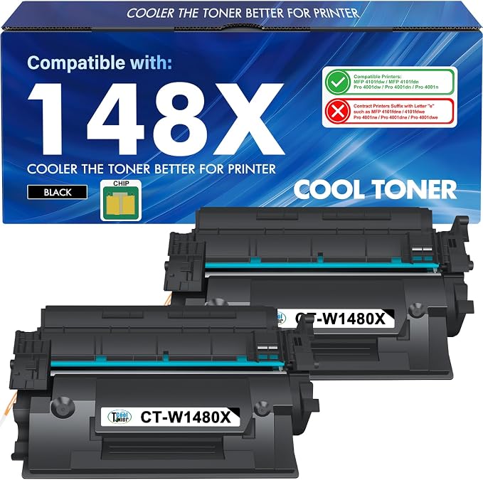 148X Toner Cartridge Black High Yield 4101fdw 148A Compatible Replacement for HP 148X 148A W1480A W1480X for HP LaserJet Pro MFP 4101fdw 4101fdn Pro 4001dw 4001dn 4001n Printer Ink (2 Pack with Chip)