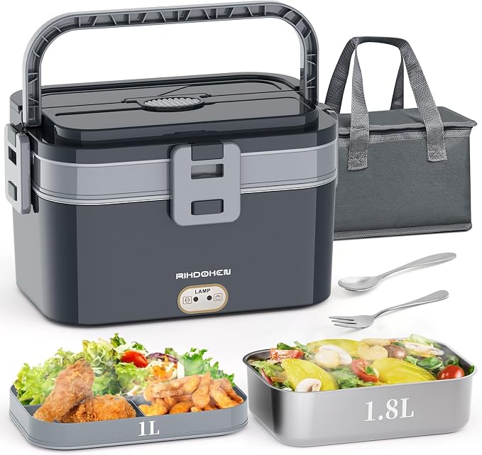 RIKDOKEN 80W Faster Larger Electric Lunch Box Heater 2.8L Double Layers for Car Truck Work Home, 12V 24V 110V Portable Stainless Steel Food Warmer, Leak-proof Lunch Heater with Bag, Spoon, Fork