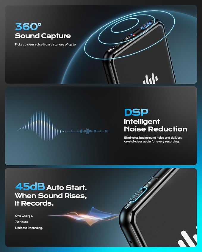 128G (9800 Hour) Voice Activated Recorder, Double-Sided Magnetic Audio Recorder with Playback, MP3 Form Voice Recorder with AI Noise Reduction, USB-C Listening Devices, 70H Continuous for Lectures