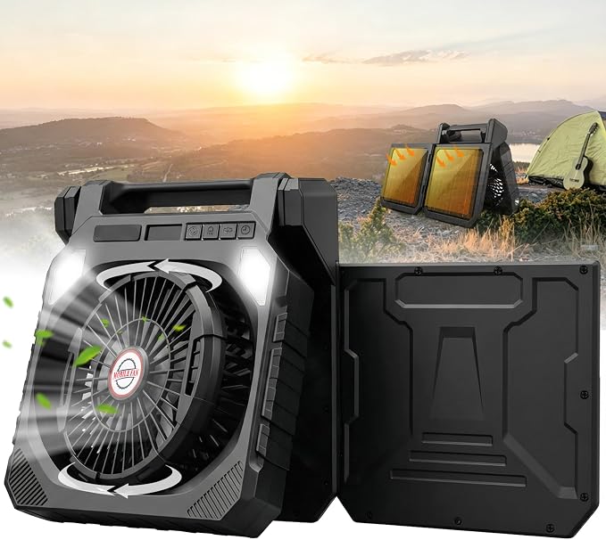 22000mAh Camping Solar Fan, 10" Dual-Panel Rechargeable Solar Powered Fan with LED Light and Arc Flashlight, LED Digital Display, 180° Swivel Oscillating, Portable Table Fans for Picnic, Barbecue