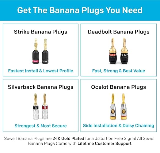 Sewell Deadbolt® Banana Plugs 14-Pairs, Gold Plated Speaker Plugs, Quick Connect, Tool-Free, SW-29863-14