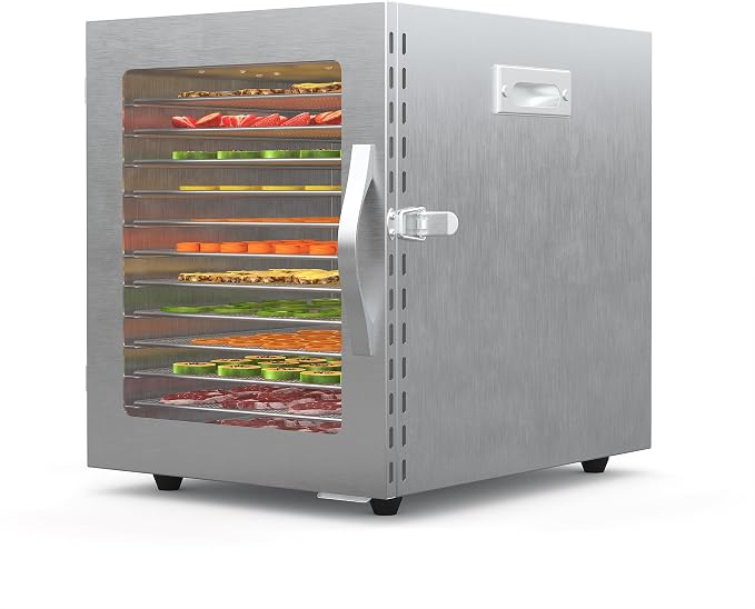 14-Tray Food Dehydrator, Stainless Steel Single Door Electric Dehydrator with 14 Stainless Steel Trays, Extra Large Drying Capacity, Adjustable Temperature Control, 48H Timer, for Jerky, Fruits