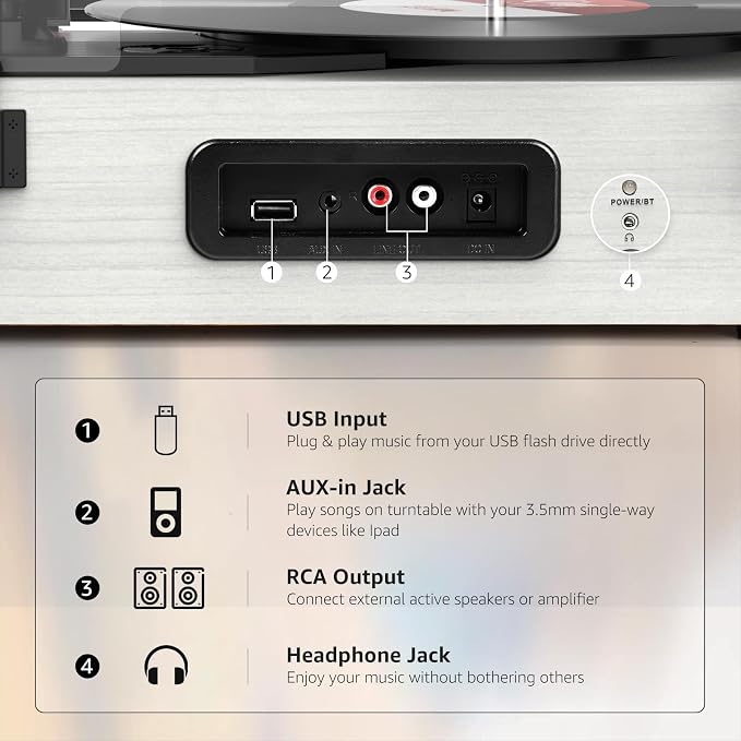 Vinyl Record Player with Built-in Speakers and USB,Belt-Driven Bluetooth Turntable with 3 Speed AUX Input Headphone Jack and RCA Output Vintage Wooden White