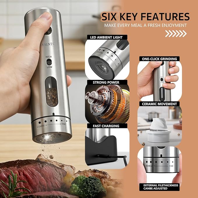 Electric Salt and Pepper Grinder Set with Rechargeable Base Upgraded Stainless Steel Automatic Salt and Pepper Shakers,Upgraded 2-Speed Setting,External 6 Adjustable Coarseness with LED Light