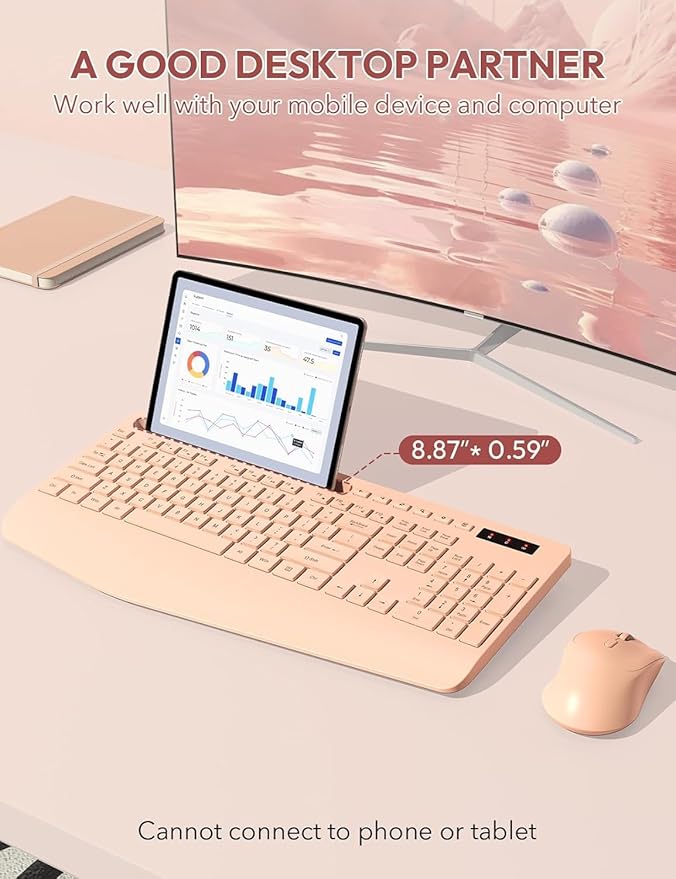 SABLUTE Wireless Keyboard and Mouse, Wrist Rest, Phone Holder, Batteries Included, 2.4G Lag-Free Ergonomic Keyboards Mouse Combo, Silent Cordless Set for Computer, Laptop, Mac, Windows (No Backlit)