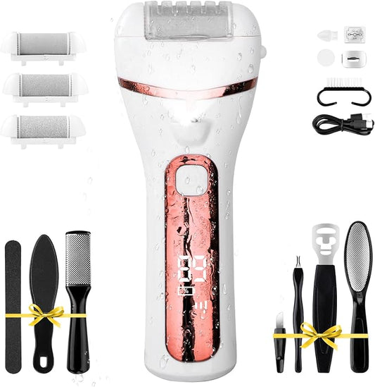 PUBOO Foot Callus Remover Electric 10000 RPM 3-Speed IPX7 Recharge Pedicure Kit for Hard Skin Women & Men Portable Multi-Roller File Grinder Sander Scrubber, LED Display for Wet & Dry Mathers Day Gift