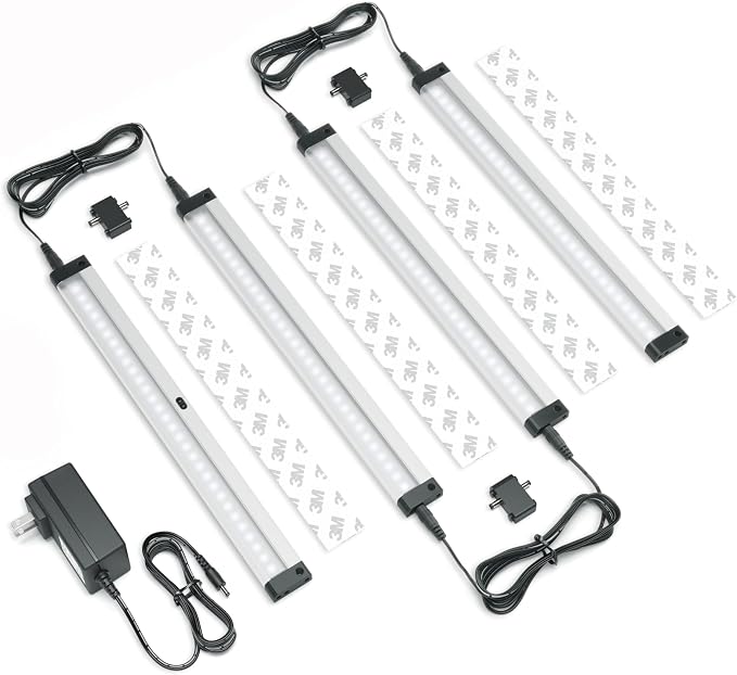 EShine Hand Wave Activated Under Cabinet LED Lighting Kit, Dimmable, 4-Pack 12 in - Touchless Dimming Control, Black Under Counter Lights for Kitchen, Garage, Shelf, Pantry - Cool White (6000K)
