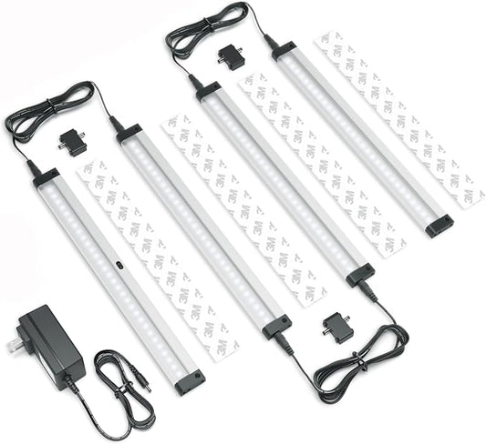 EShine Hand Wave Activated Under Cabinet LED Lighting Kit, Dimmable, 4-Pack 12 in - Touchless Dimming Control, Black Under Counter Lights for Kitchen, Garage, Shelf, Pantry - Cool White (6000K)