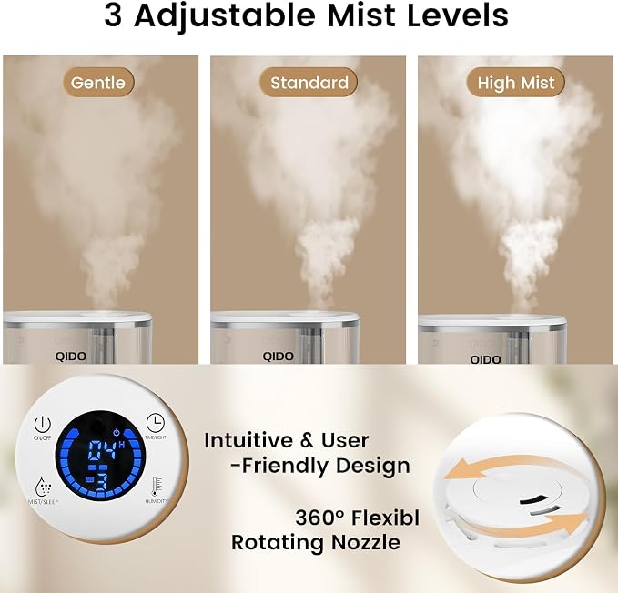 COMHOMA Top Fill Humidifiers for Bedroom, 5L Tank for Large Room, Easy to Fill & Clean, 28dB Quiet Cool Mist Air Humidifier for Home Baby Nursery & Plants, Touch/APP/7-color Nightlight, 36H, White