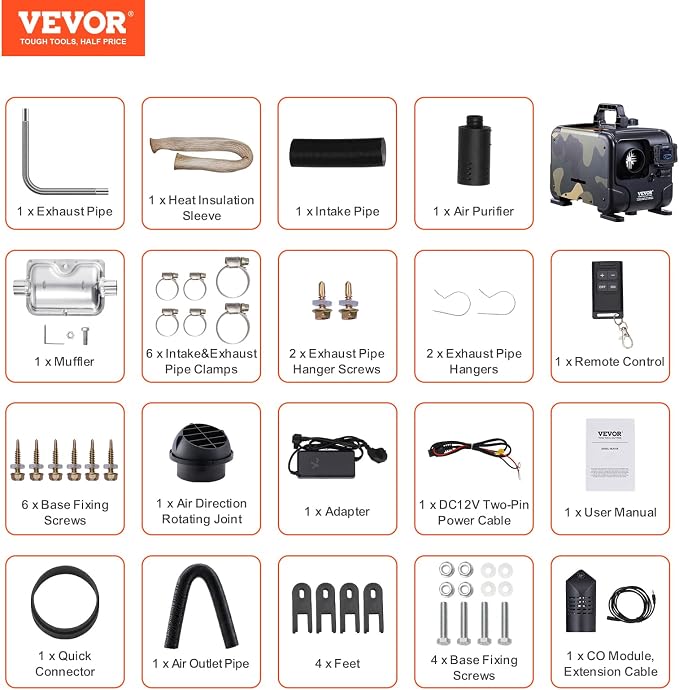 VEVOR 8KW Diesel Heater, 12V/24V All in One Diesel Air Heater, Bluetooth APP Control, Remote Control and Display Screen, CO Alarm, Fast Heating Horizontal Portable Diesel Heater for Vehicles, Garage