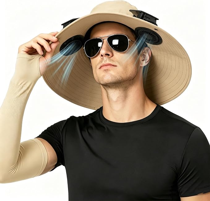 Solar Fan Hat with 2 Fans - Khaki Wide Brim Bucket Hat for Men Women, UPF 50+ Sun Hat for Fishing, Hiking
