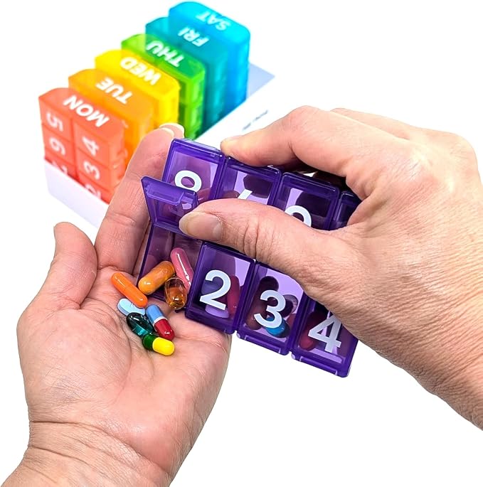 8 Times a Day, 7 Day Large Weekly Pill Organizer with Holder Tray, Vitamin, Medicine Box, Multicolor with Medical Alert Card (8X a Day - 2 Pack)