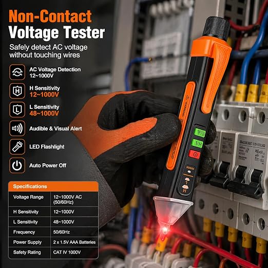 Non-Contact Voltage Tester Pen, 12-1000V AC Voltage Detector, Dual Sensitivity (H/L), Audible & Visual Alarm, Built-in Flashlight, Auto Power-Off, Electrical Tester for Electricians & Home Use