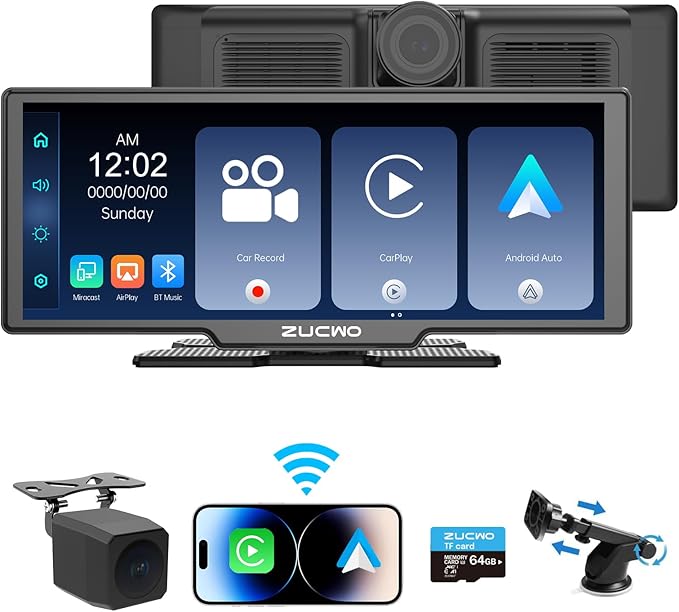 10.26 Inch Wireless CarPlay Screen for Car, Apple CarPlay & Android Auto Touch Screen with Rear Camera, BT Music, Navigation, Voice Control for Vehicles