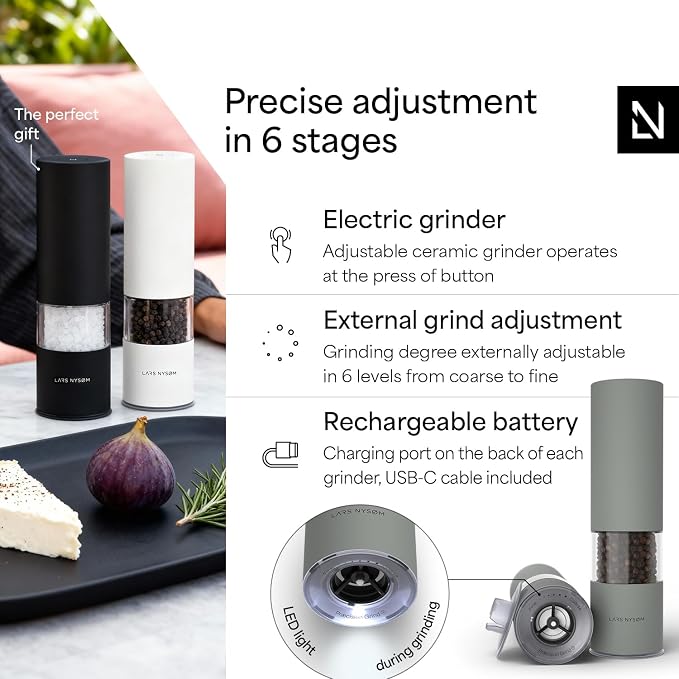 LARS NYSØM Electric Salt and Pepper Grinder Set I Automatic Salt and Pepper Mills with Adjustable Ceramic Grinder I USB Rechargeable Electric Spice Mill Set with LED Light (Ash Gray)
