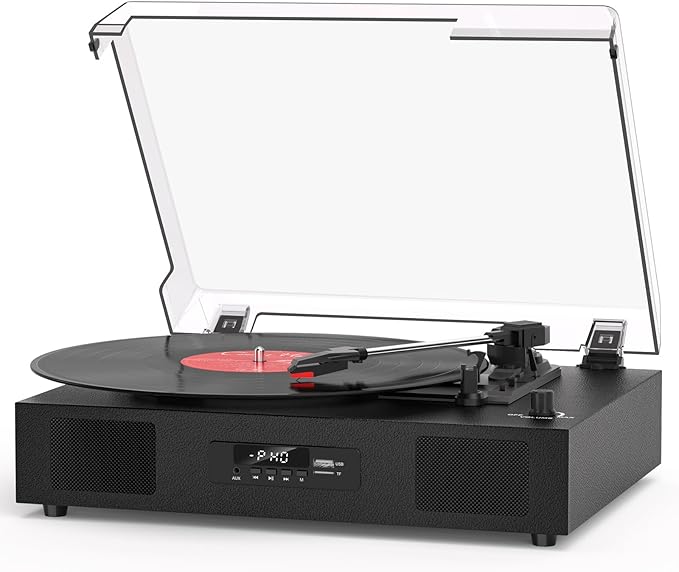 Vinyl Record Player with Built-in Stereo Speakers, Vinyl to USB Recording, Belt Drive 3 Speeds Turntables for Vinyl Records Support Bluetooth Input AUX RCA Output, Black