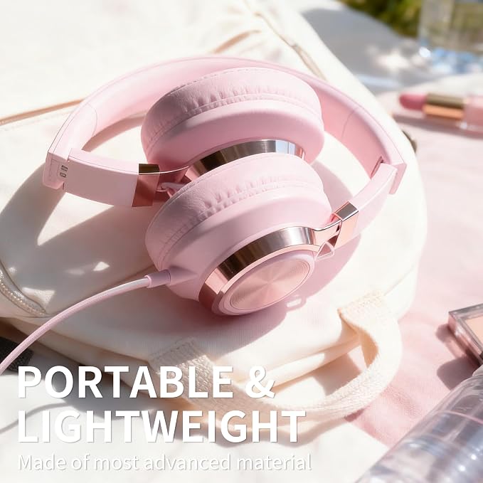 Wired Over-Ear Headphones with Microphone, Foldable Pink Headset with Passive Noise Isolating, Comfort Protein Leather Earcups for Teens, Women, Girls, 3.5mm Jack Laptop Headphones for Study, Work