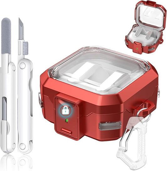 with Safety Lock for Samsung Galaxy Buds 4 Pro Case, Galaxy Buds 4 Case Cover, Clear Cyber Cases with Keychain & Cleaning Kit, Military Grade Armor Shockproof Full Body Protective Hard Shell (Red)