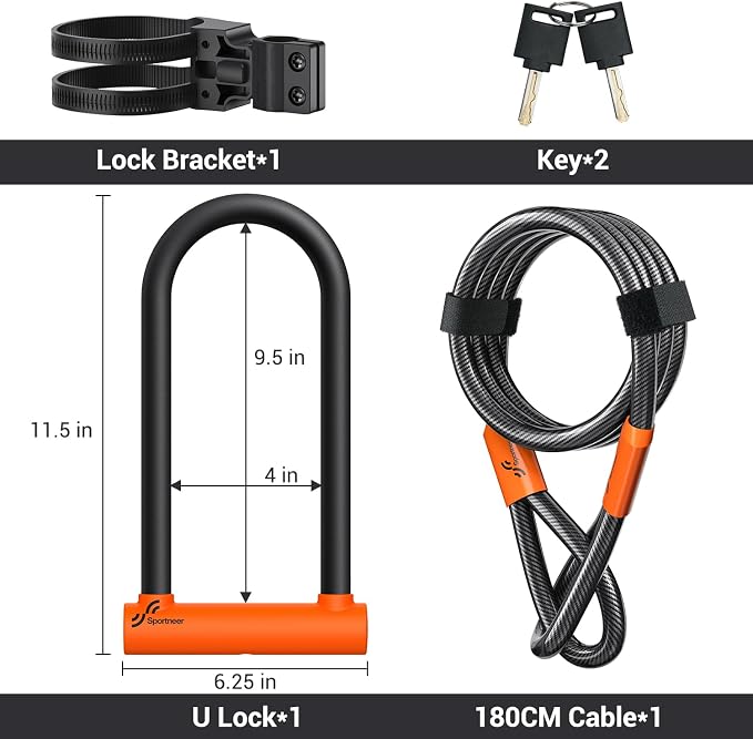 Sportneer Bike Lock: Heavy Duty Bike U Lock with 6ft Security Steel Cable - 18mm Shackle Bicycle U-Locks with Keys and Sturdy Mounting Bracket for Road Mountain Bike Bicycle-Size 11.5''x6.25'', Orange