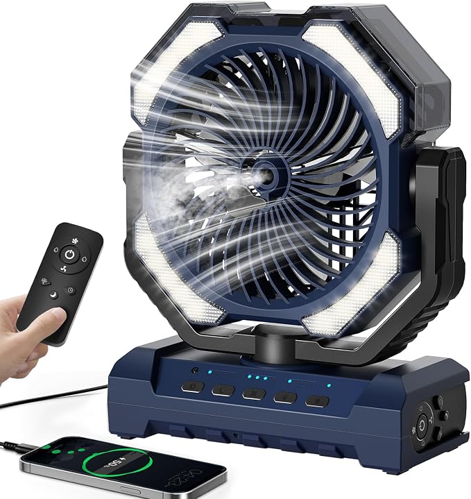 Misting Fan Portable, 20000mAh Rechargeable Battery Powered Camping Fan with Light, Personal USB Battery Operated with Hook & 250mL Water Tank for Outdoor, Tents, Beach, Travel.