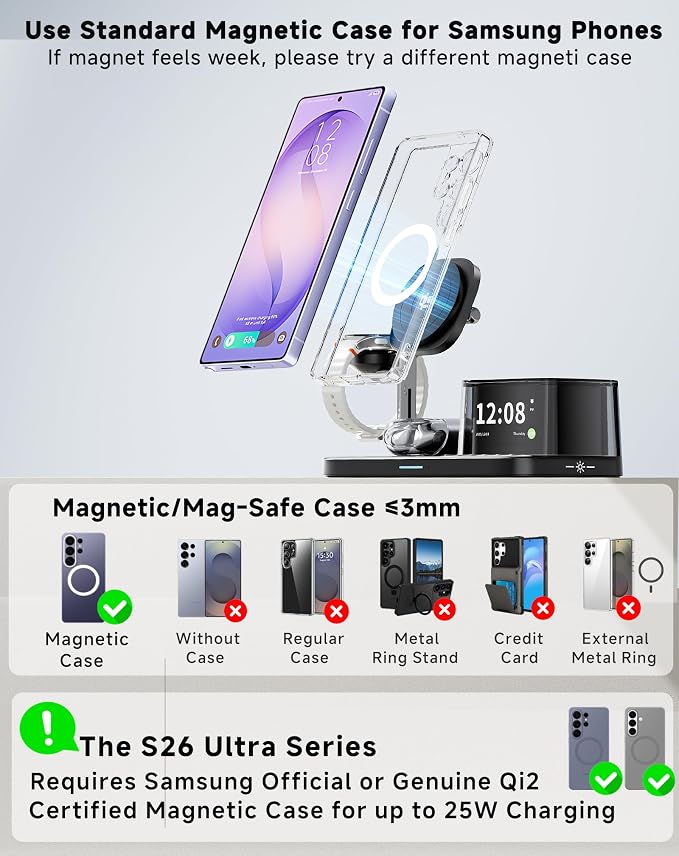 6-in-1 Magnetic Charging Station for Samsung,Qi2.2 25W Fast Wireless Charger for S26 Ultra,Alarm Clock/Night Light/Bluetooth Speaker,Charger Stand for Magsafe for S26 Plus/S25/Z Fold7&Galaxy Watch 8/7