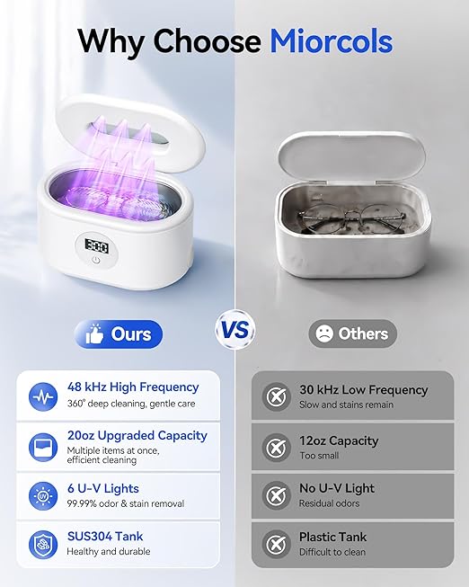 Miorcols Ultrasonic Jewelry Cleaner, Ultrasonic Cleaner Machine with Digital LED Display, 20oz 304 Stainless Steel Tank for Jewelry, Eyeglasses, Watches, Dentures, Retainers & More - White | 48KHz Extra High-Frequency Large 20Oz Capcity 2 Easy Operated...