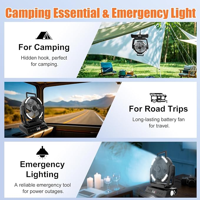 Camping Fan + Cooler Backpack, 20000mAh Rechargeable Tent Fan with Remote 9 Wind Modes, Gray 24 Cans Insulated Backpack Cooler for Beach Picnic