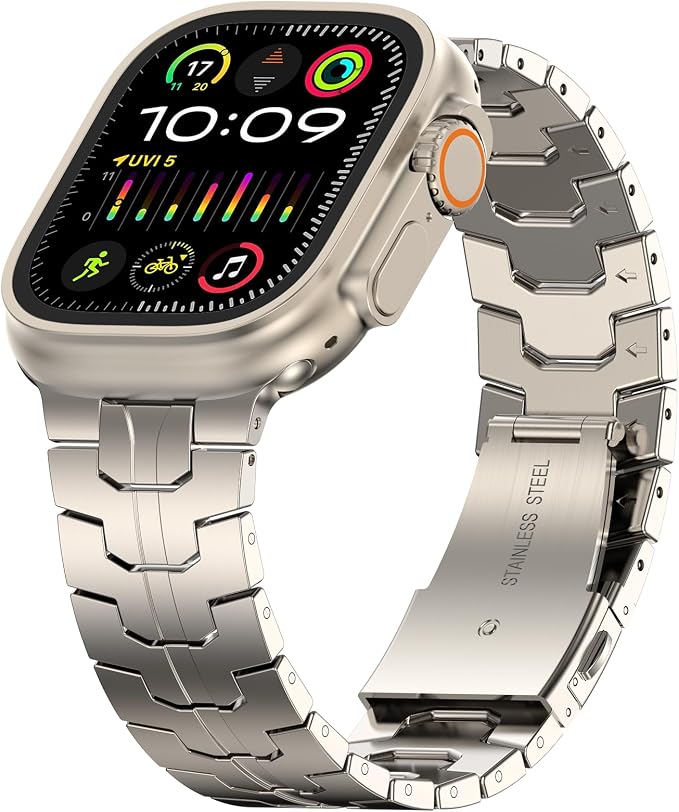 MioHHR Stainless Steel Band Compatible with Apple Watch Band 49mm 46mm 45mm 44mm 42mm(Series 3/2/1), Adjustable Metal Band for Men iWatch Series 10 9 8 7 6 5 4 3 2 1 SE SE2 SE3 Ultra3/2/1, Titanium