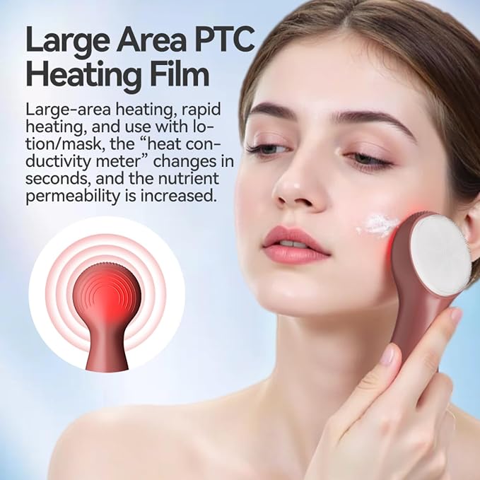 Colorful LED Silicone Face Wash Brush - Sonic Vibration Face Cleaner with Heat Sensation, 3 Modes & Ergonomic Handle, Waterproof Electric Face Brush for at-Home Spa & Travel Skincare (Pink)