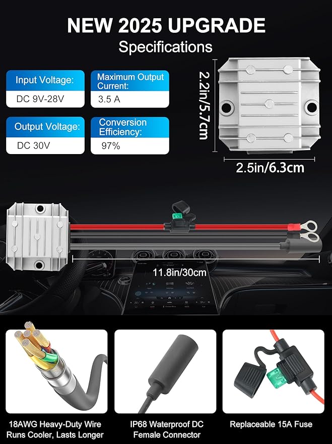 Starlink Mini 12V Adapter [Supports up to 150FT Cable] 12V/24V to 30V 3.5A DC Boost Converter for Starlink Mini, Power Cable with Female Plug 9-28V for Off-Road,RV, Marine,Outdoor(Silver, 30, Volts)