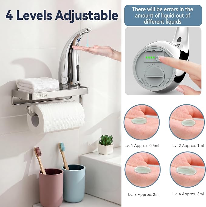 Automatic Soap Dispenser with Infrared Sensor,Adjustable 4-Level Touchless Hand Soap for Kitchen, Bathroom-Battery Operated Electric Dispenser, Durable Plastic, Smart Soap Holder & Toilet Paper Holder