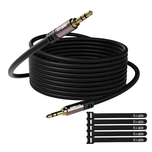 Kxable 3.5mm Aux Cable 50 Feet, Long Male to Male Auxiliary Audio Cord, Preminun Gold Plated Compatible with Headphones, iPods, iPads, iPhones, Home/Car Stereos with 5 Cable Ties
