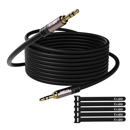Kxable 3.5mm Aux Cable 35 Feet, Long Male to Male Auxiliary Audio Cord, Preminun Gold Plated Compatible with Headphones, iPods, iPads, iPhones, Home/Car Stereos with 5 Cable Ties