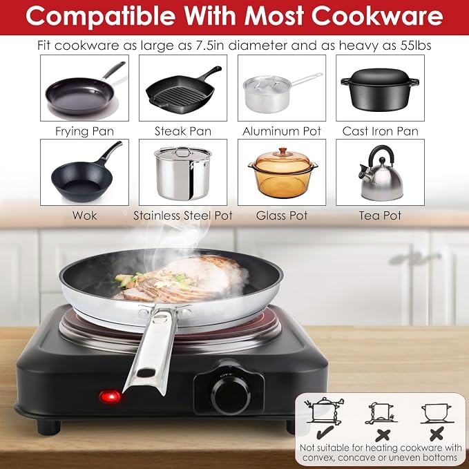 1200W Electric Infrared Single Burner Portable Heating Hot Plate Stove Countertop RV Hotplate with 7.5” Glass Cooktop Stepless Temperature Adjustments for Home RV Camp