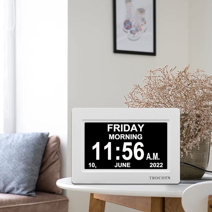 TROCOTN Dementia Clocks, Large Display Calendar Alarm Clock with Auto DST for Seniors, 5 Display Modes Large Font Digital Clock with Custom Alarms Day Date Clocks. (7 Inch White)