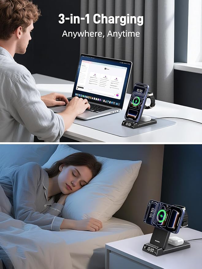 3 in 1 Charging Station for Apple, ELECDOV Magnetic Charger for iPhone, Foldable Wireless Charger with Clock, Travel Watch Charger Stand for iPhone 17/Air/16/15 Series, iWatch 10/AirPods 4