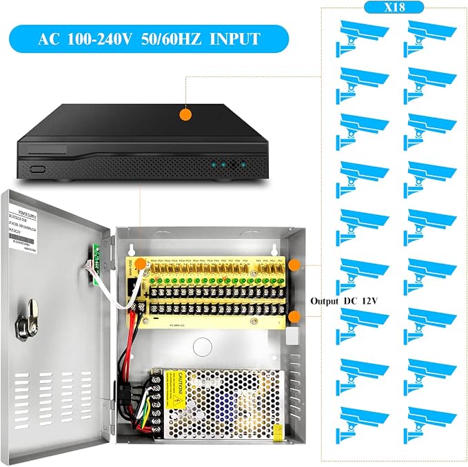 18 Channel 12 Volt DC Output 10A CCTV Distributed Power Supply Box for Security Camera with AC Plug and Lock for Security Cameras, DVRs, CCTV Power Supply (10A 18-Channel)