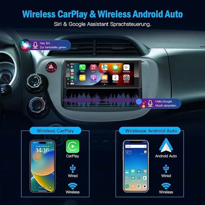 Single DIN Car Radio Android Head Unit with Wireless CarPlay Android Auto, 6.9" IPS Touchscreen Car Play Stereo with Bluetooth 5.2 WiFi USB FM/RDS SWC, Support Backup Camera