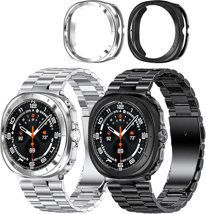 Stainless Steel Metal Band Compatible Samsung Galaxy Watch Ultra 47mm(2025 2024) with Case,Replacement Business 22mm Strap for Galaxy Watch 7 8 Ultra for Men (black+silver)