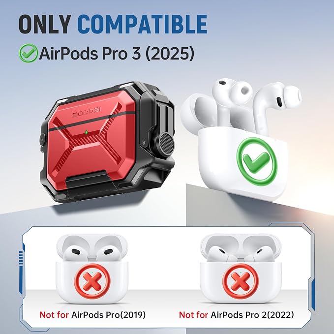 MOBOSI for AirPods Pro 3 Case [IP68 Waterproof Case for iPods Pro 3&Compatible with MagSafe] Military Grade Protective Earpods Pro3 Cover with Secure Lock, Keychain & Phone Stand (2025),Red