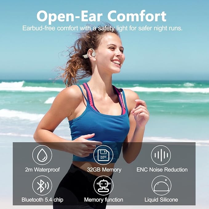 Bone Conduction Headphones IPX8 Waterproof Swimming Headphones Open Ear Headphones with MP3 Mode 32GB Memory 8H Playtime Bluetooth 5.4 Ear Buds Secure Fit for Running and Fitness (Apricot)