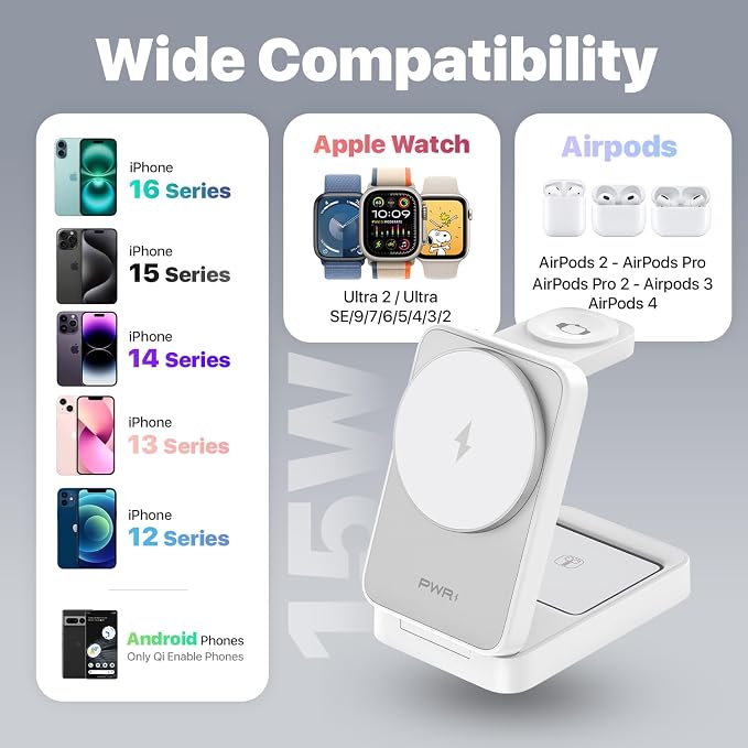 PWR Fold 2.0 4-in-1 Charging Station for Multiple Devices - Portable Wireless Charging Station Compatible with Apple Watch, iPhone, Samsung, Airpods and Qi Wireless Devices (White)