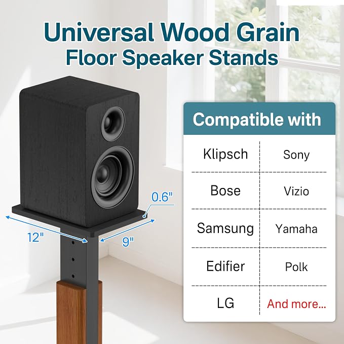 Height Adjustable Speaker Stands Pair with Most Satellite, Studio, Bookshelf Speakers - Wood Grain Floor Speaker Stands for Klipsch, Edifier, JBL Bookshelf Speaker Stands Holds 50Lbs with Cable Clips